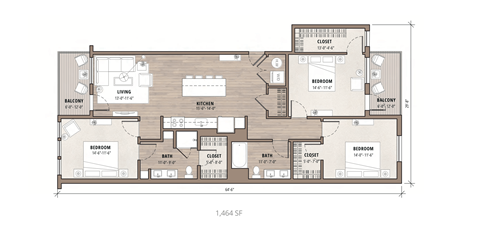 A floor plan of a house with a kitchen, living room, and two bedrooms.